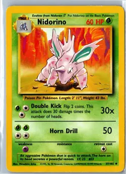 Vintage Pokemon Card - Nidorino Base Set Unlimited 37/102 Uncommon HP - Image 1