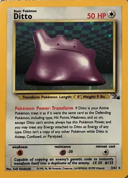Ditto Pokemon Card. Fossil Set 3/62 rare holo. - Image 1
