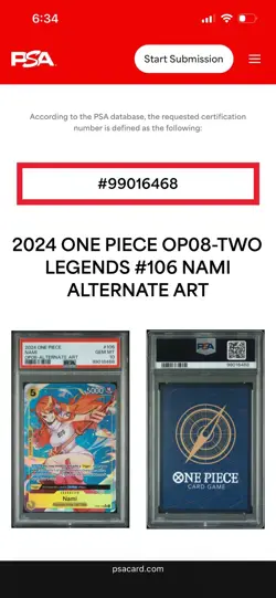 2024 One Piece Nami OP08 Two Legends Alternative Art #106 PSA 10 - Image 3