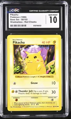 CGC 10 GEM MINT Pikachu 58/102 Shadowless Red Cheeks Base Set Pokemon Card - Image 1