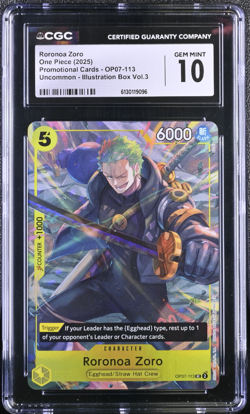 ONE PIECE PROMOS OP07-113 RORONOA ZORO ILLUSTRATION BOX VOL.3 CGC 10 GEM MINT - Image 1