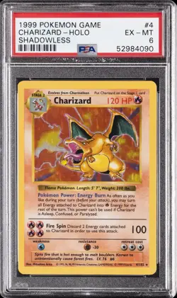 1999 POKEMON GAME SHADOWLESS #4 CHARIZARD-HOLO PSA 6 - Image 1
