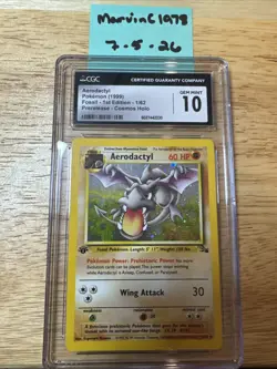 CGC 10 Aerodactyl 1999 Pokemon Fossil 1st Edition Prerelease 1/62 Cosmos Holo - Image 1
