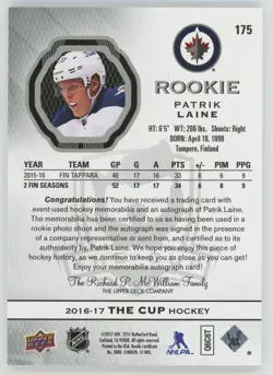 2016-17 Upper Deck The Cup Rookie Patch Autograph Patrik Laine 62/99 - Image 2