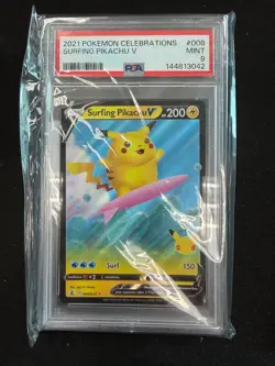 Pokemon Celebrations Surfing Pikachu V 008/025 Holo PSA 9 2021 - Image 1