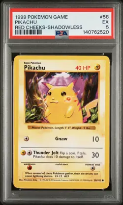 1999 Pikachu 58/102 Red Cheeks Shadowless Base Set WOTC Vintage Pokemon PSA 5 - Image 1