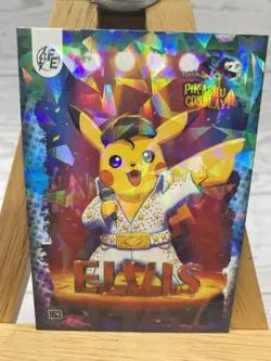 Pikachu as Cosplay Elvis Non- Pokemon Fan Art Cracked Ice Holo Trading Card - Image 2