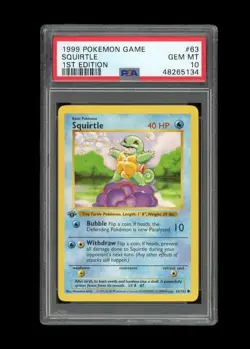 POKEMON PSA 10 GEM MINT SQUIRTLE 1ST EDITION SHADOWLESS BASE SET 1999 CARD #63 - Image 1