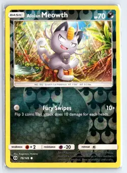 ALOLAN MEOWTH 78 SM BASE SET POKEMON REVERSE HOLO LP - Image 1