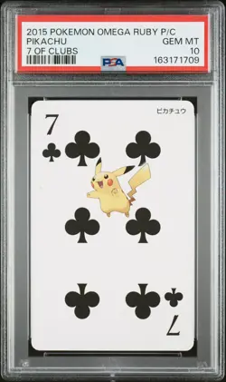 2015 POKEMON OMEGA RUBY PLAYING CARDS 7 OF CLUBS PIKACHU PSA 10 - Image 1