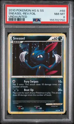 2010 POKEMON HEARTGOLD & SOULSILVER UNDAUNTED #68 SNEASEL-REVERSE FOIL PSA 8 - Image 1