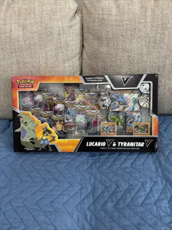 Pokemon TCG Lucario V & Tyranitar V Heavy Hitters Premium Collection Box 14 Pack - Image 1