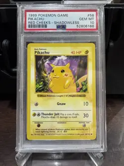 1999 POKEMON BASE SET SHADOWLESS RED CHEEKS-#58 PIKACHU PSA 10 - Image 1