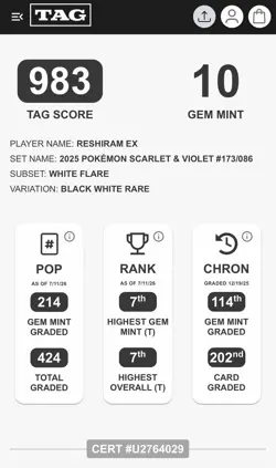 TAG 10 POKEMON WHITE FLARE 173/086 RESHIRAM EX SIR GEM MINT ENGLISH SCORE 983 - Image 3