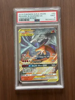 2019 Pokemon Sun & Moon Reshiram & Charizard GX Unbroken Bonds PSA 9 (20) - Image 1
