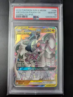 2019 POKEMON SUN & MOON COSMIC ECLIPSE #156 ARCEUS & DIALGA & PALKIA GX PSA 10 - Image 1