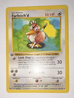 Pokemon Farfetch'd 27/102 Base Set 1st Edition Shadowless Uncommon MP - Image 1