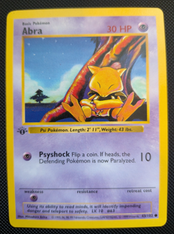 1st Edition Shadowless Abra 43/102 Base Set 1999 WotC Pokemon Vintage Card - Image 1