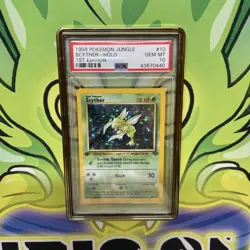 1999 Pokemon Scyther 10/64 Jungle Holo 1st Edition PSA 10 Minor Crack* - Image 1