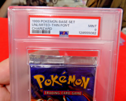 1999 POKEMON BASE SET UNLIMITED UNOPENED FOIL PACK THIN FONT CHARIZARD PSA 9 - Image 2
