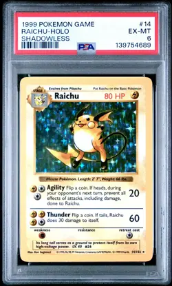 Raichu #14 Holo Rare 1999 Pokemon Base Set Shadowless PSA 6 - Image 1