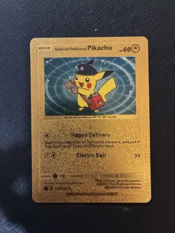 Pokemon Special Delivery Gold Pikachu SWSH074 Custom Metal Card - Used Lightly - Image 1
