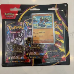Pokemon Pitch Black ETB, Booster Bundle, and 3 Pack Blister in hand - Image 2