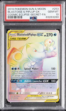 2019 POKEMON SUN & MOON COSMIC ECLIPSE FULL ART/BLASTOISE & PIPLUP GX PSA 10 - Image 1