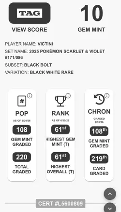 Victini 171/086 Reverse Holo Secret Rare Pokemon Black Bolt TAG 10 GEM MINT - Image 3