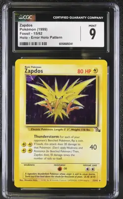 CGC 9 MINT Zapdos 1999 Fossil 15/62 Holo Error Holo Pattern Pokemon Card - Image 1