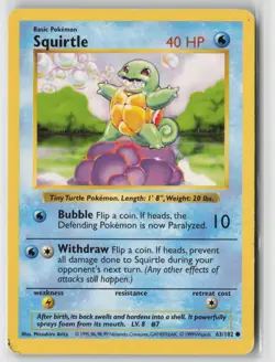 Squirtle 63/102 Common Base Set Shadowless Pokemon Unlimited Moderately Played - Image 1