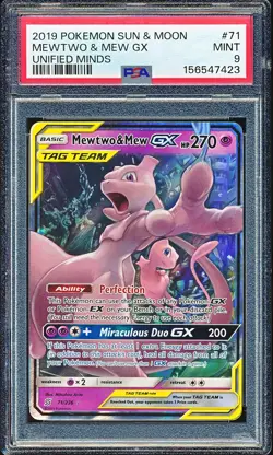 MEWTWO & MEW GX POKEMON SUN & MOON UNIFIED MINDS TAG TEAM FA HOLO 71/236 PSA 9 - Image 1