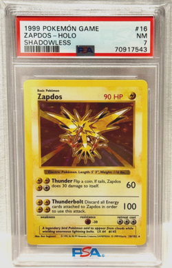 1999 POKEMON GAME #16 ZAPDOS SHADOWLESS HOLO PSA 7 MN CARD - Image 2