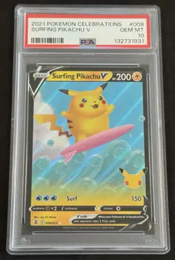 Pokemon Surfing Pikachu V 008/025 PSA 10 Celebrations Fast Ship 25th Anniversary - Image 1