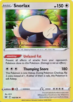 Pokemon TCG Snorlax HOLO #143/196 SWSH11: Lost Origin NM - Image 1