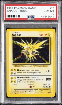 1999 POKEMON BASE SET UNLIMITED #16 ZAPDOS-HOLO PSA 10 - Image 1