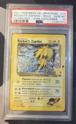 PSA 10 GEM MINT 2021 Pokemon Celebrations Classic Rocket's Zapdos #15 Holo - Image 1