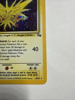 Zapdos 15/62 Fossil Holo Pokemon TCG WOTC Vintage MP - Image 5