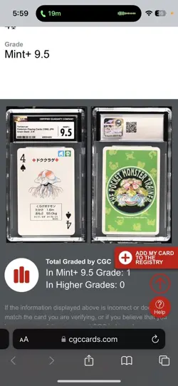 Tentacruel Pokemon Card #73 Green Poker Set 4 Of Spades 1996 CGC 9.5 MINT + - Image 3