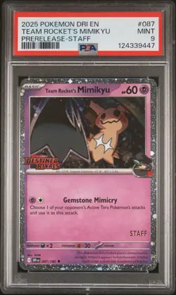 2025 POKEMON DRI EN-DESTINED RIVALS PRERELEASE-STAFF TEAM ROCKET'S MIMIKYU PSA 9 - Image 1