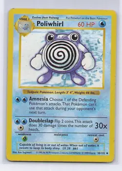 Poliwhirl 38/102 Uncommon Base Set Shadowless Pokemon Unlimited Heavily Played - Image 1