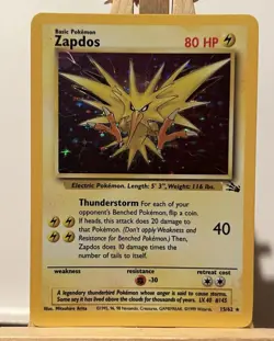 Pokemon TCG Zapdos 15/62 Fossil Holo Rare Unlimited English 1999 WOTC 80 HP - Image 1