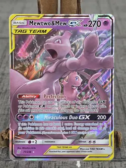 Mewtwo & Mew GX 71/236 Sun & Moon Unified Minds Tag Team Pokemon Card HP / DMG - Image 1