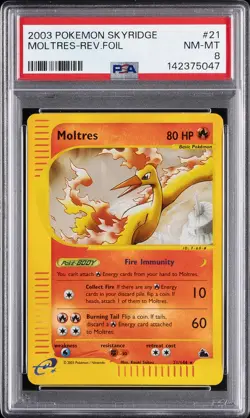 2003 POKEMON SKYRIDGE #21 MOLTRES-REVERSE FOIL PSA 8 - Image 1