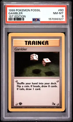 1999 Pokemon Fossil #60 Gambler 1st Edition PSA 8 - Image 1