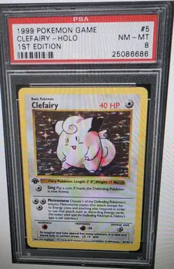 1999 POKEMON GAME 1ST ED #5 CLEFAIRY-HOLO PSA 8 Shadowless - Image 1