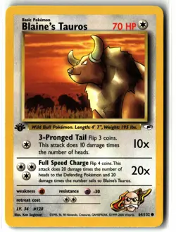 2000 Blaine's Tauros ⭐ 64/132 1st Edition Vintage WOTC Gym Heroes Pokemon NM/LP - Image 1