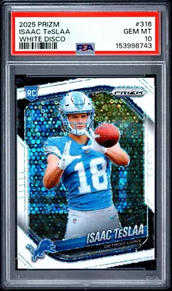 Panini 2025 Prizm Rookies Isaac Teslaa Detroit Lions #316 White Disco PSA 10 - Image 1