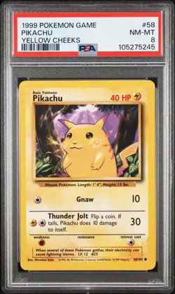 1999 POKEMON BASE SET UNLIMITED YELLOW CHEEKS #58 PIKACHU PSA 8 - Image 1