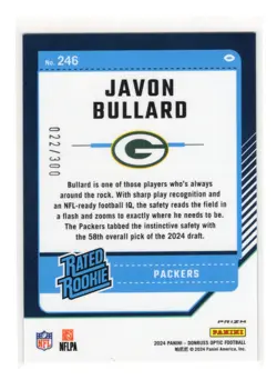 2024 Panini Donruss Optic Javon Bullard #246 (RC) Rated Rookie Wave /300 Packers - Image 2